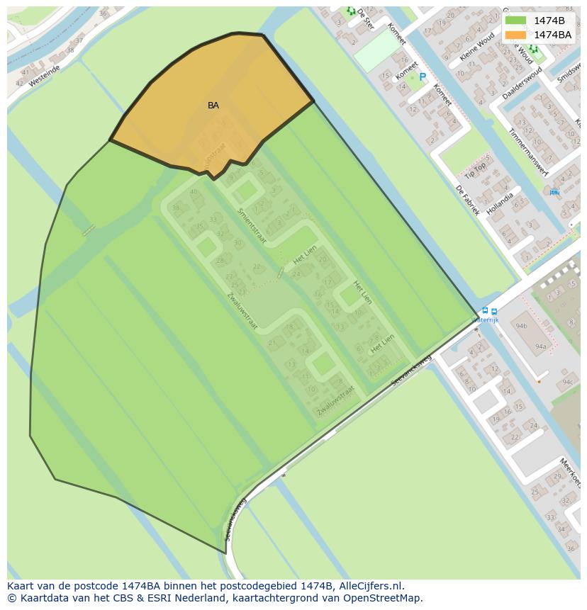 Afbeelding van het postcodegebied 1474 BA op de kaart.