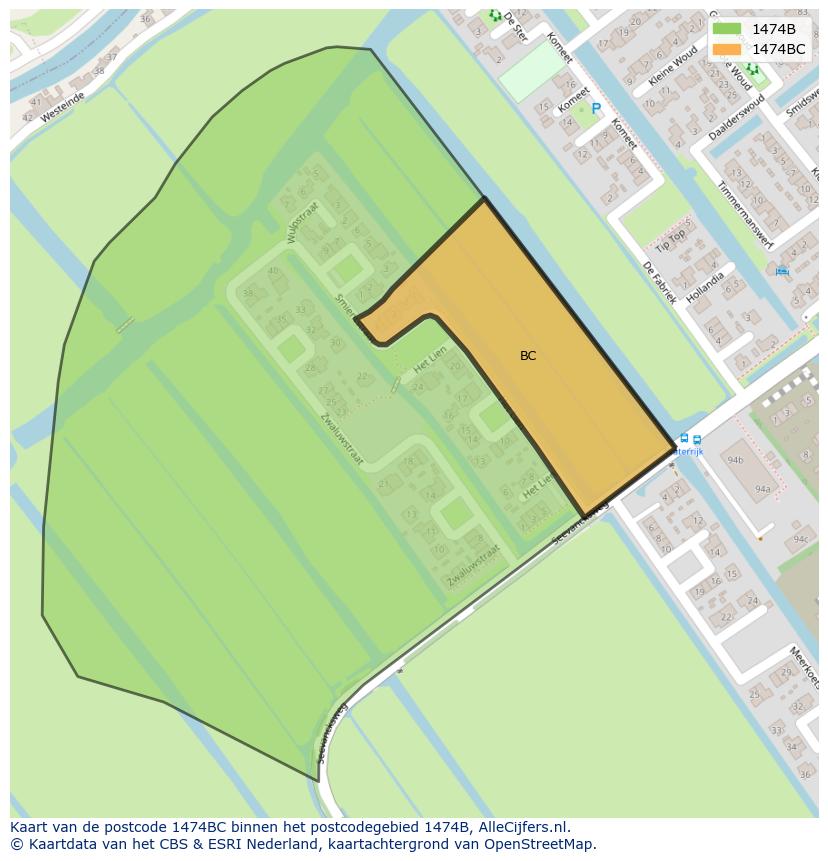 Afbeelding van het postcodegebied 1474 BC op de kaart.