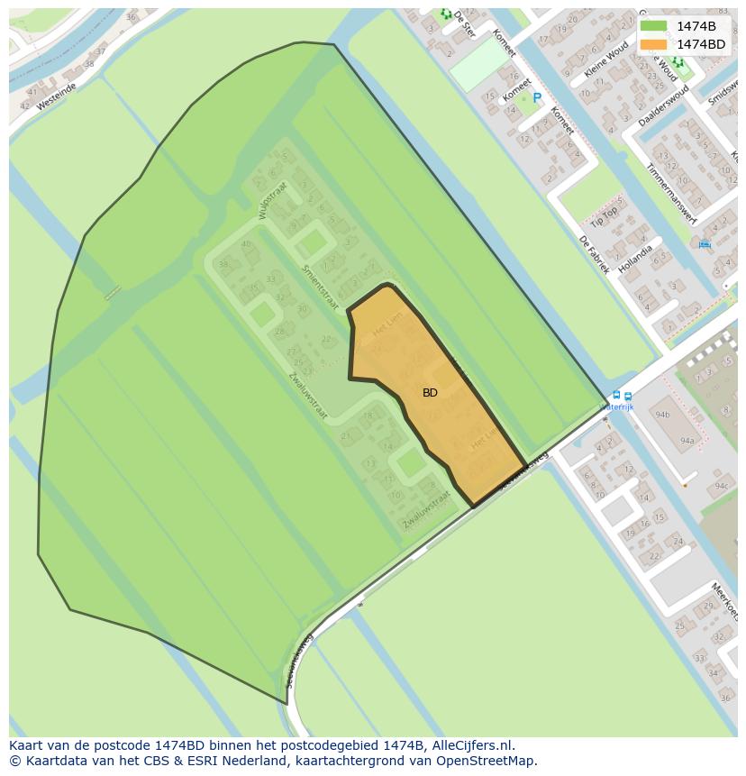 Afbeelding van het postcodegebied 1474 BD op de kaart.