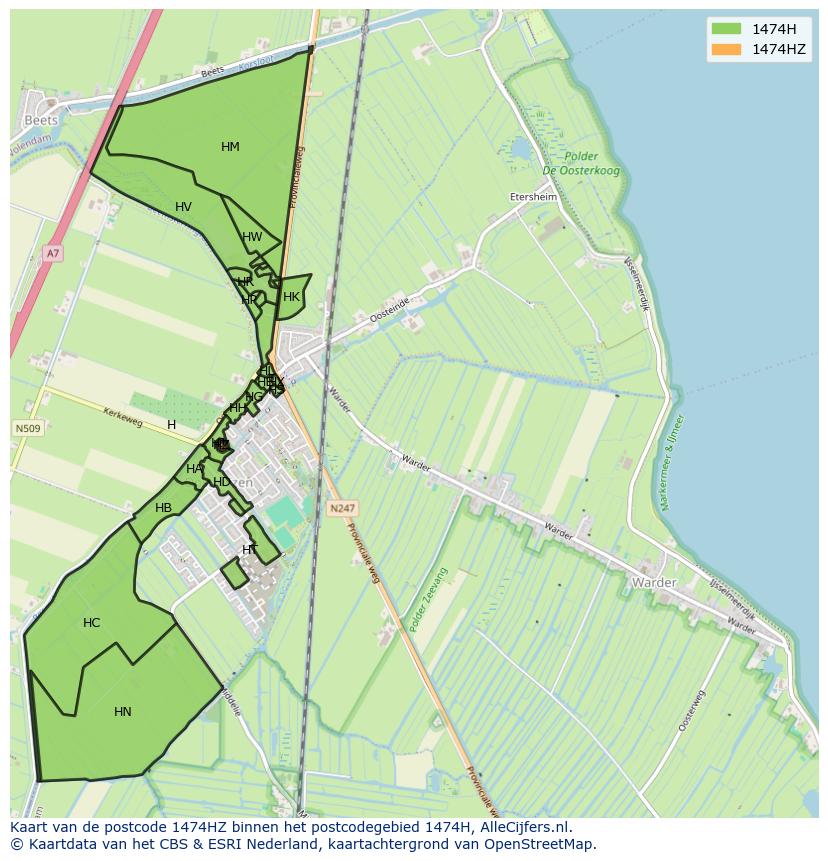 Afbeelding van het postcodegebied 1474 HZ op de kaart.