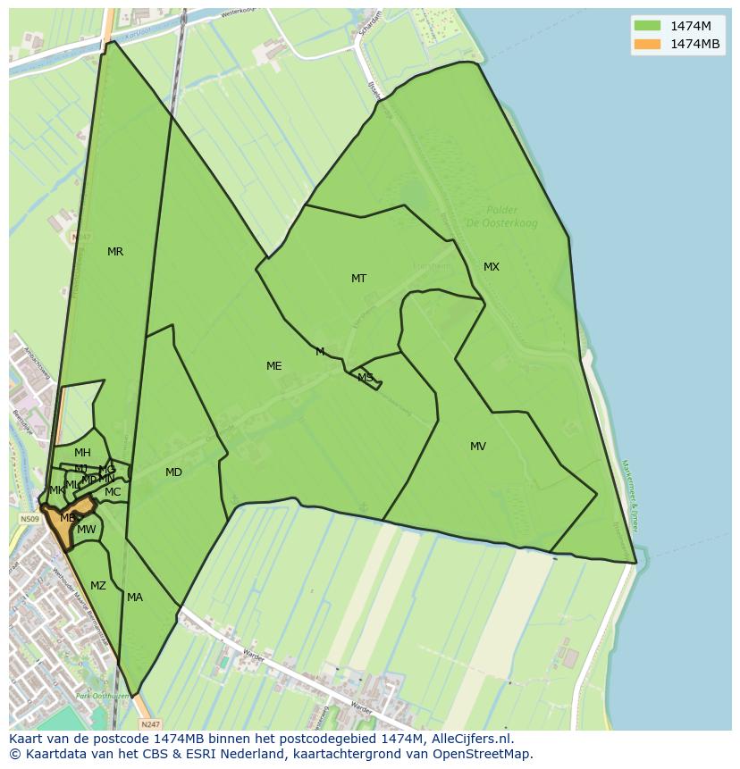 Afbeelding van het postcodegebied 1474 MB op de kaart.