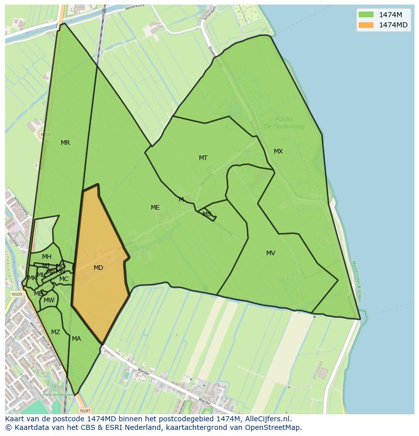 Afbeelding van het postcodegebied 1474 MD op de kaart.