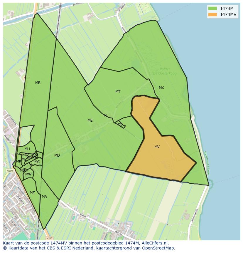 Afbeelding van het postcodegebied 1474 MV op de kaart.