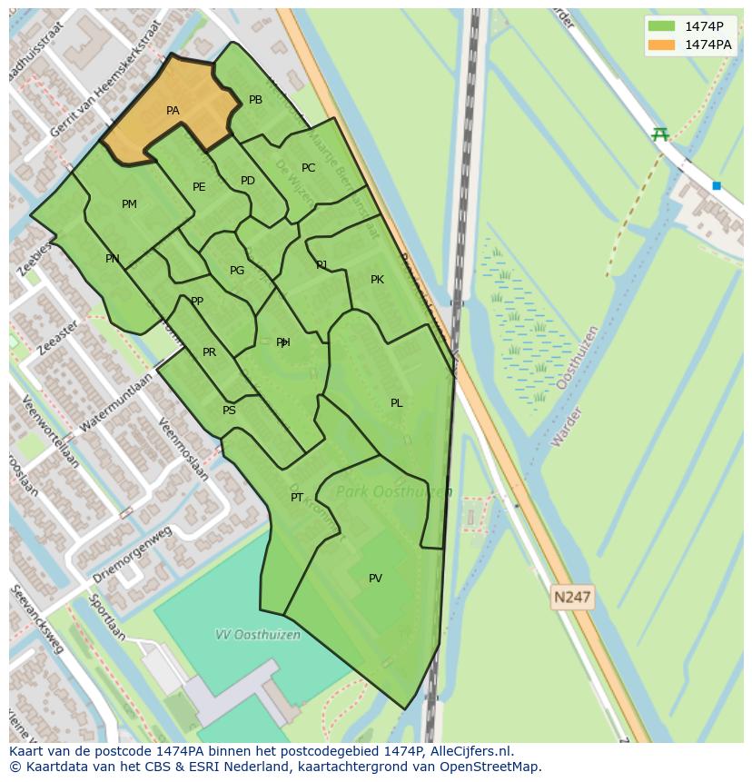 Afbeelding van het postcodegebied 1474 PA op de kaart.