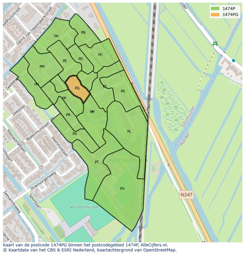 Afbeelding van het postcodegebied 1474 PG op de kaart.