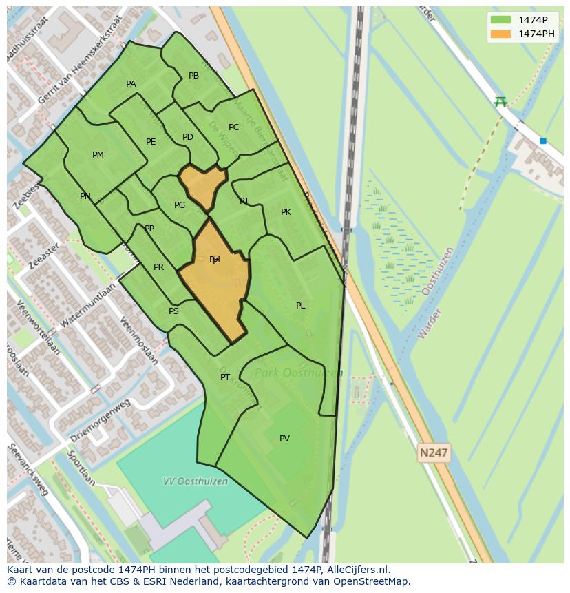 Afbeelding van het postcodegebied 1474 PH op de kaart.