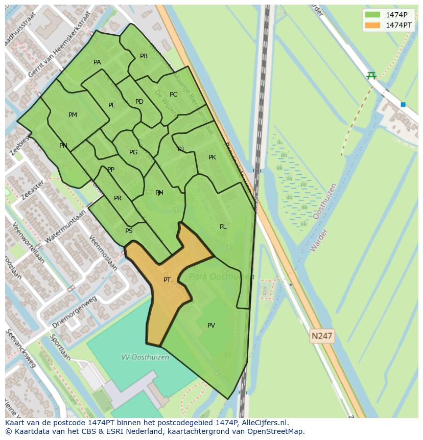 Afbeelding van het postcodegebied 1474 PT op de kaart.