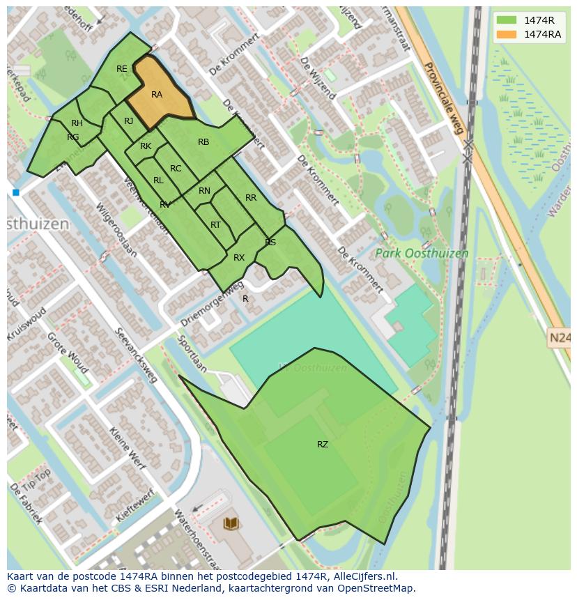 Afbeelding van het postcodegebied 1474 RA op de kaart.