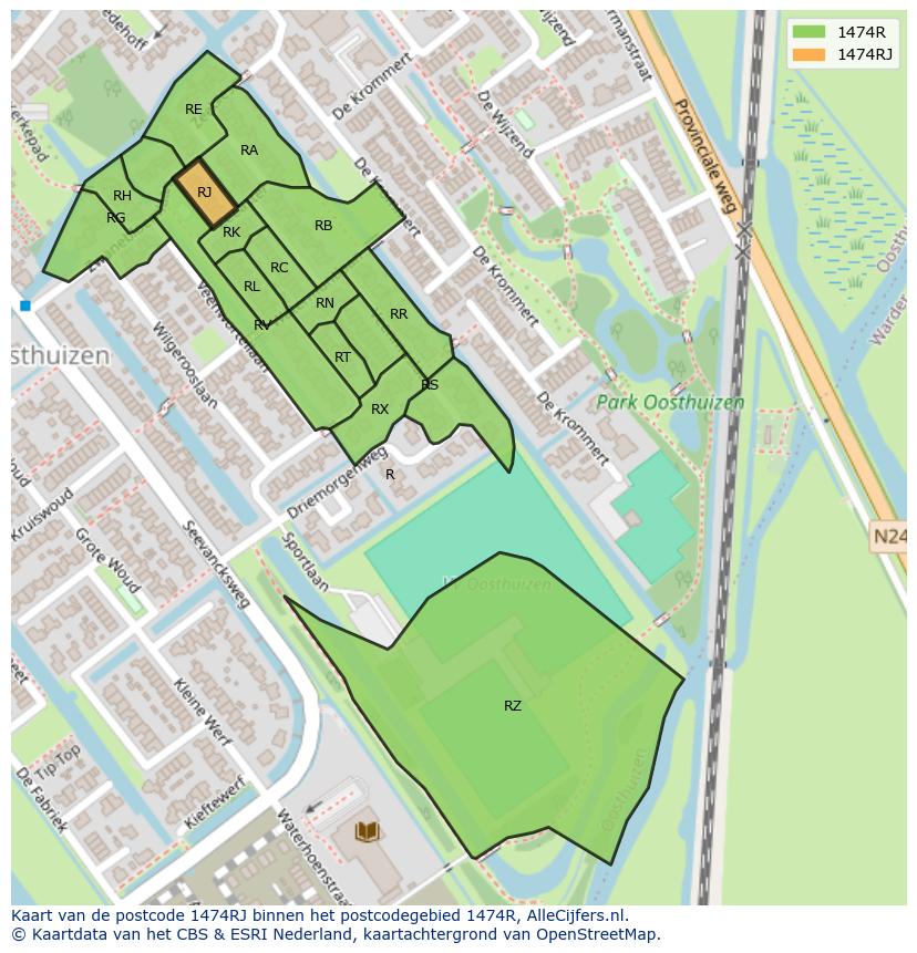Afbeelding van het postcodegebied 1474 RJ op de kaart.