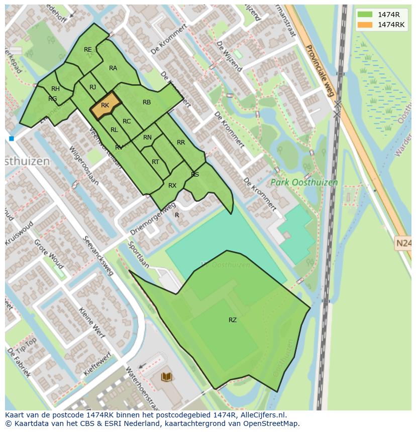 Afbeelding van het postcodegebied 1474 RK op de kaart.