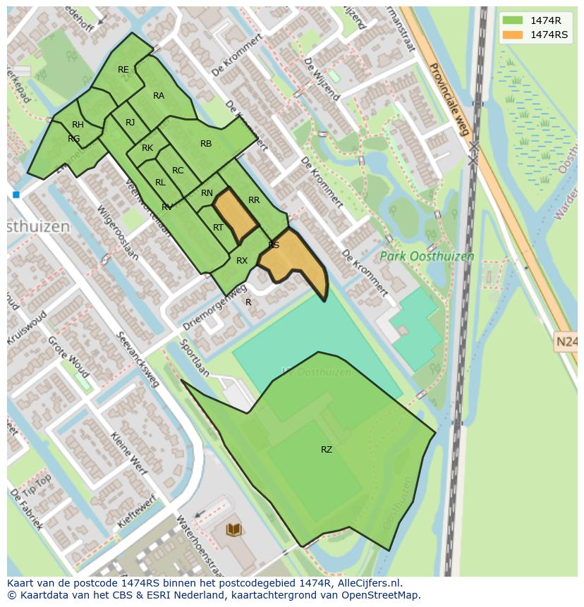 Afbeelding van het postcodegebied 1474 RS op de kaart.