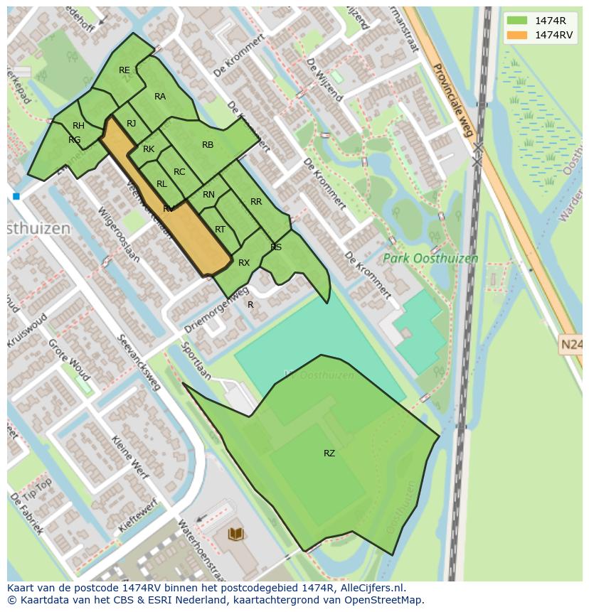 Afbeelding van het postcodegebied 1474 RV op de kaart.