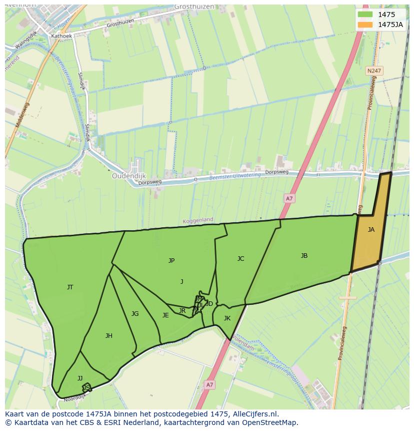 Afbeelding van het postcodegebied 1475 JA op de kaart.