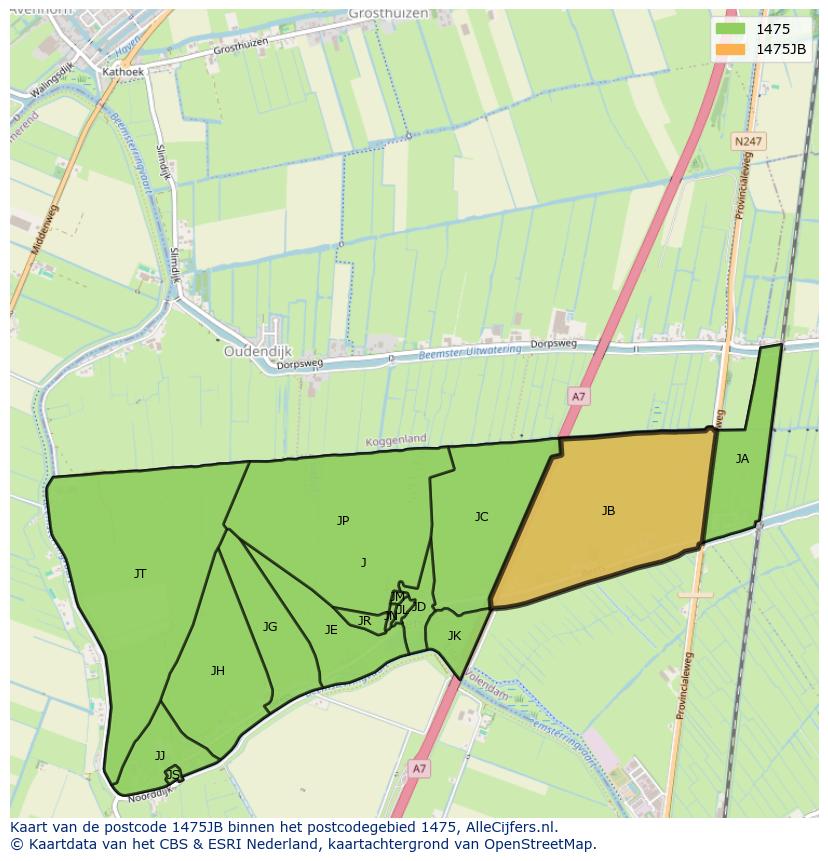 Afbeelding van het postcodegebied 1475 JB op de kaart.
