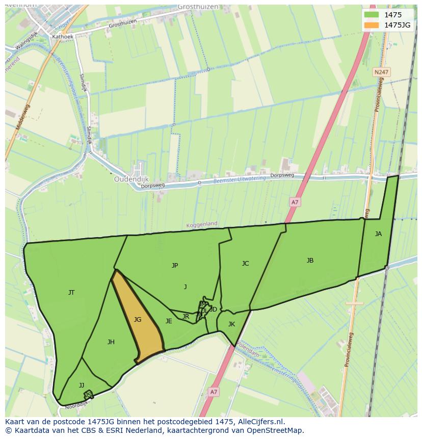 Afbeelding van het postcodegebied 1475 JG op de kaart.