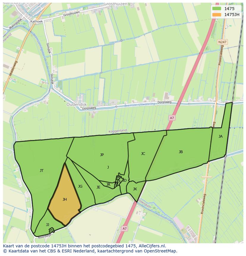Afbeelding van het postcodegebied 1475 JH op de kaart.