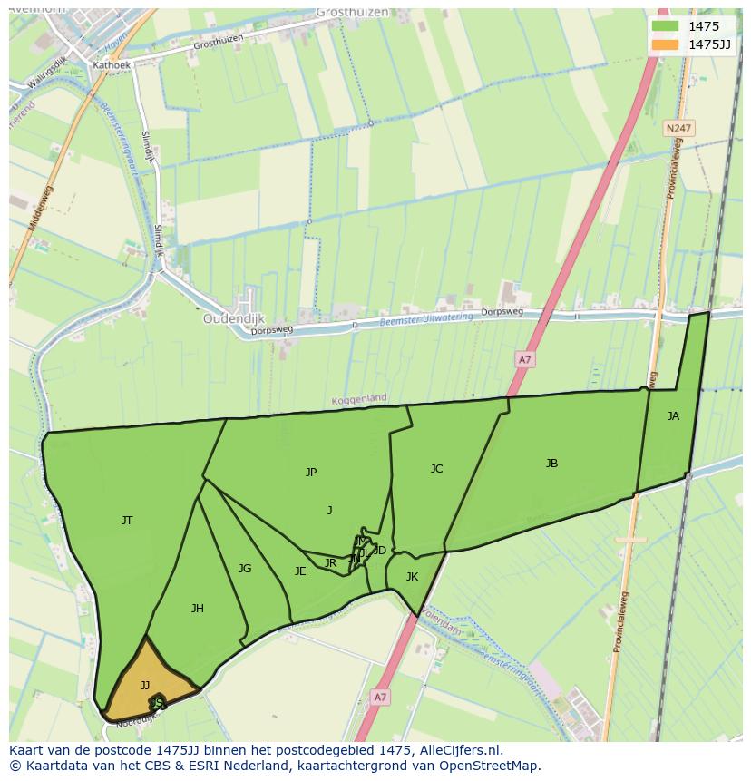 Afbeelding van het postcodegebied 1475 JJ op de kaart.