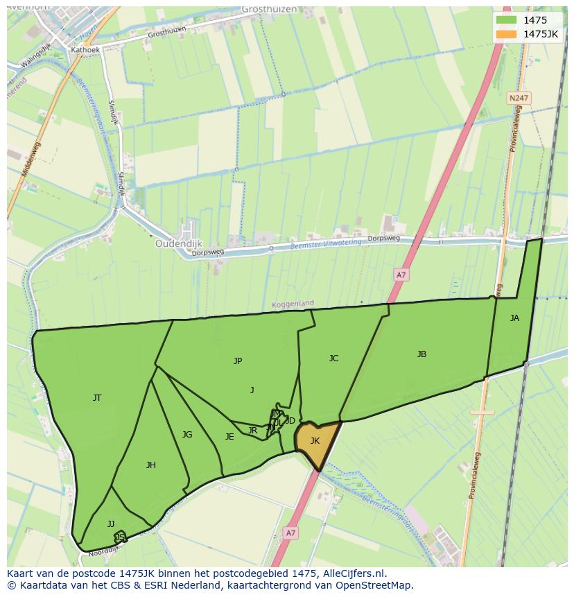 Afbeelding van het postcodegebied 1475 JK op de kaart.