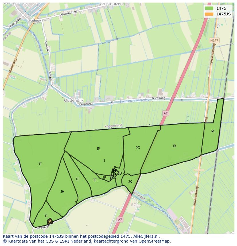 Afbeelding van het postcodegebied 1475 JS op de kaart.
