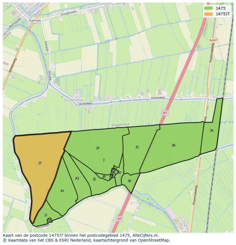 Afbeelding van het postcodegebied 1475 JT op de kaart.