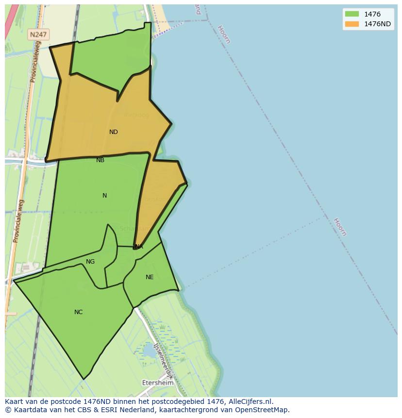 Afbeelding van het postcodegebied 1476 ND op de kaart.
