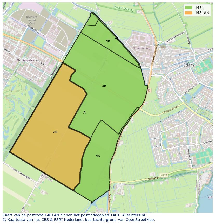 Afbeelding van het postcodegebied 1481 AN op de kaart.