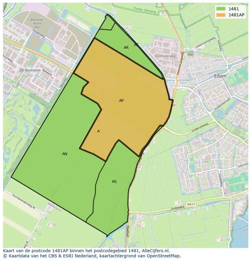 Afbeelding van het postcodegebied 1481 AP op de kaart.