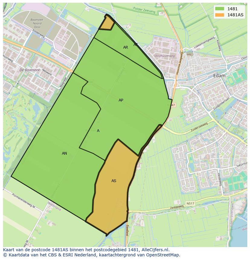 Afbeelding van het postcodegebied 1481 AS op de kaart.