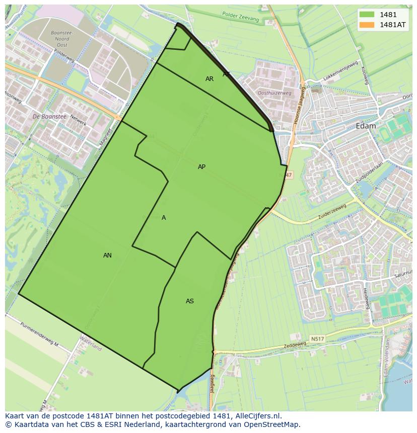 Afbeelding van het postcodegebied 1481 AT op de kaart.