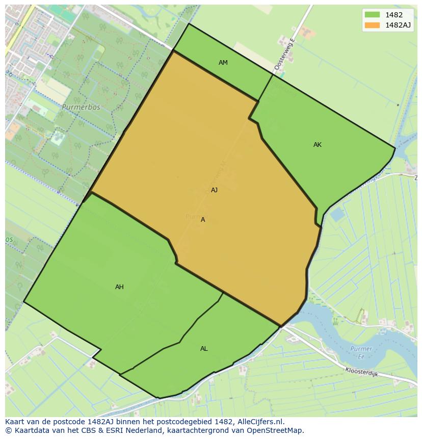 Afbeelding van het postcodegebied 1482 AJ op de kaart.