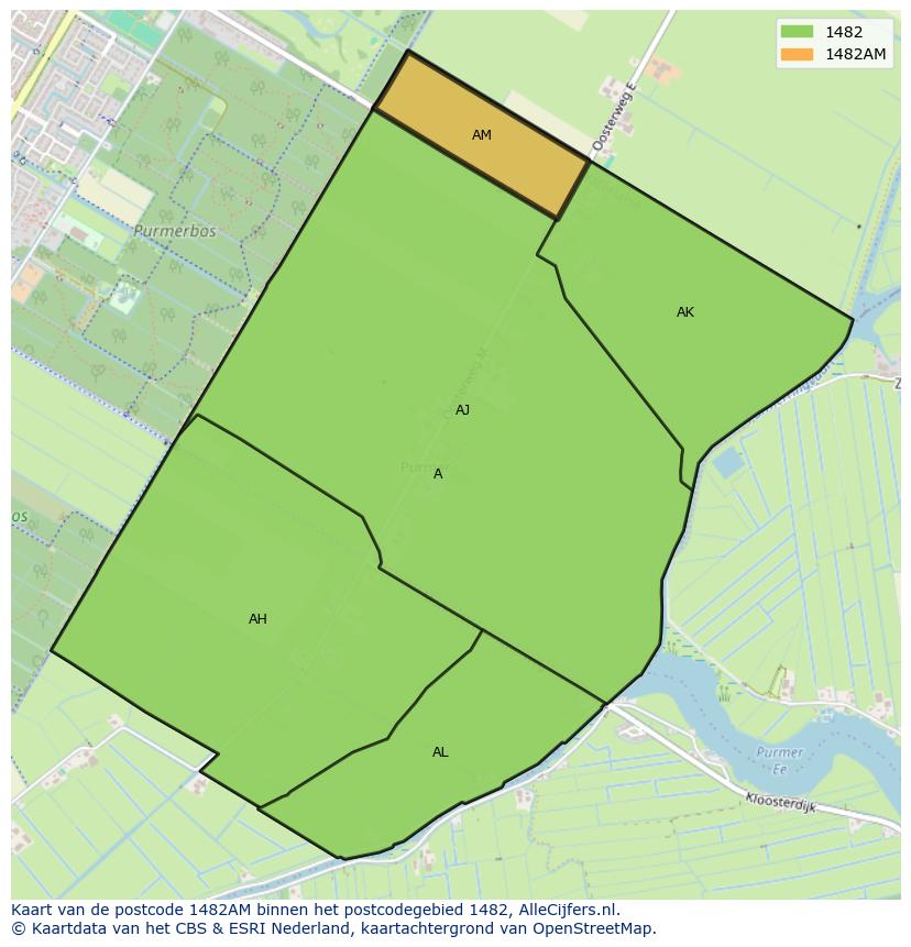 Afbeelding van het postcodegebied 1482 AM op de kaart.