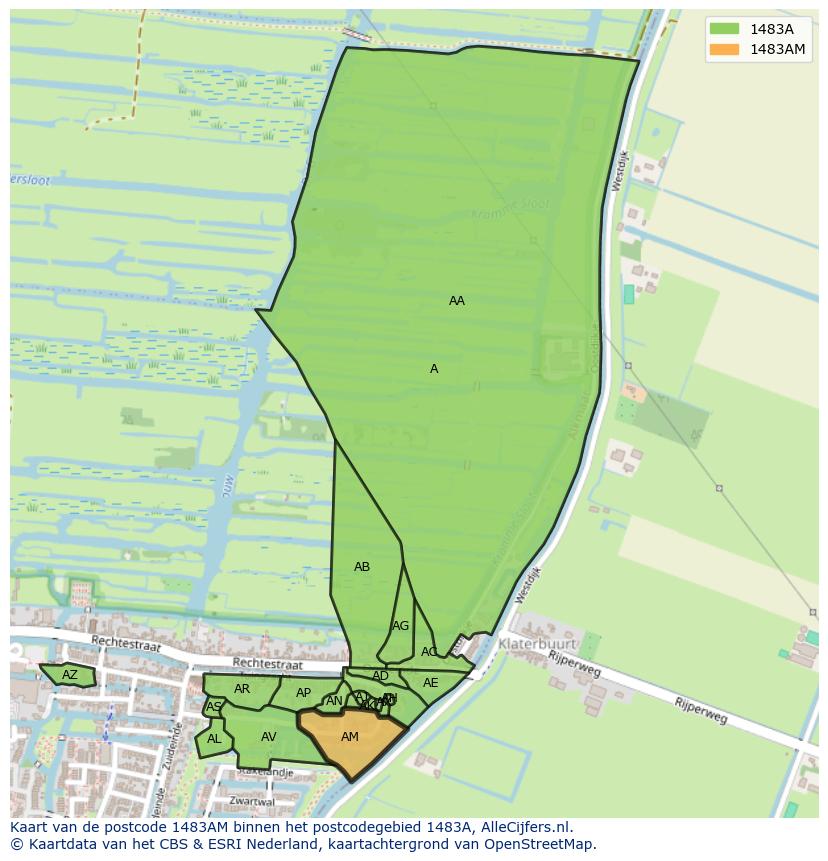 Afbeelding van het postcodegebied 1483 AM op de kaart.