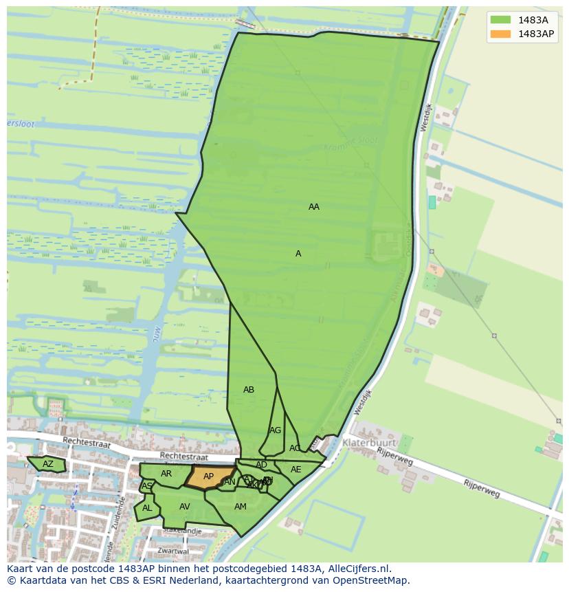 Afbeelding van het postcodegebied 1483 AP op de kaart.