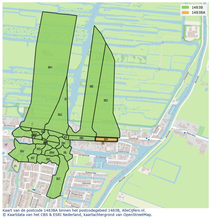 Afbeelding van het postcodegebied 1483 BA op de kaart.