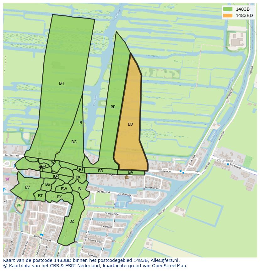 Afbeelding van het postcodegebied 1483 BD op de kaart.