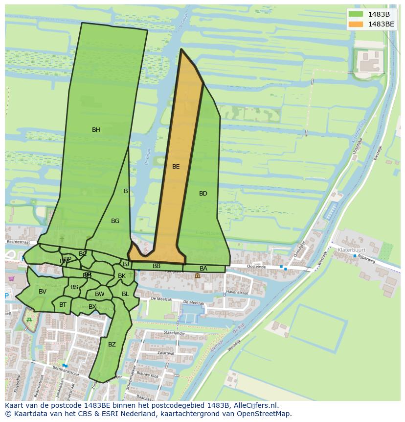 Afbeelding van het postcodegebied 1483 BE op de kaart.