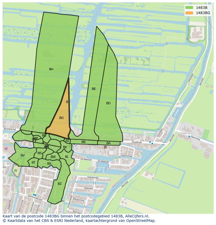 Afbeelding van het postcodegebied 1483 BG op de kaart.