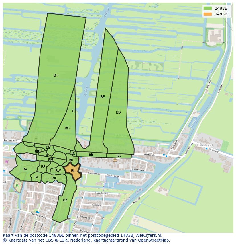 Afbeelding van het postcodegebied 1483 BL op de kaart.