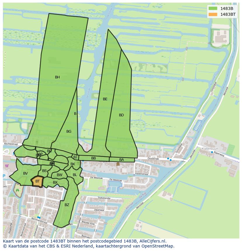 Afbeelding van het postcodegebied 1483 BT op de kaart.