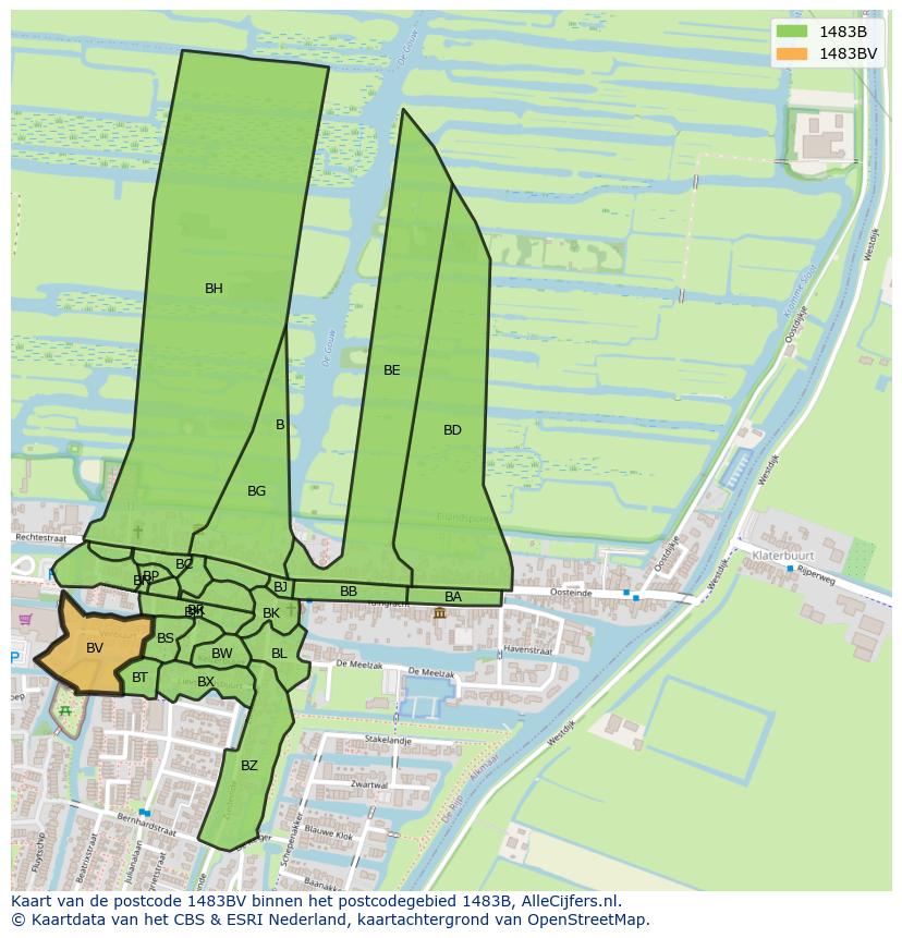 Afbeelding van het postcodegebied 1483 BV op de kaart.