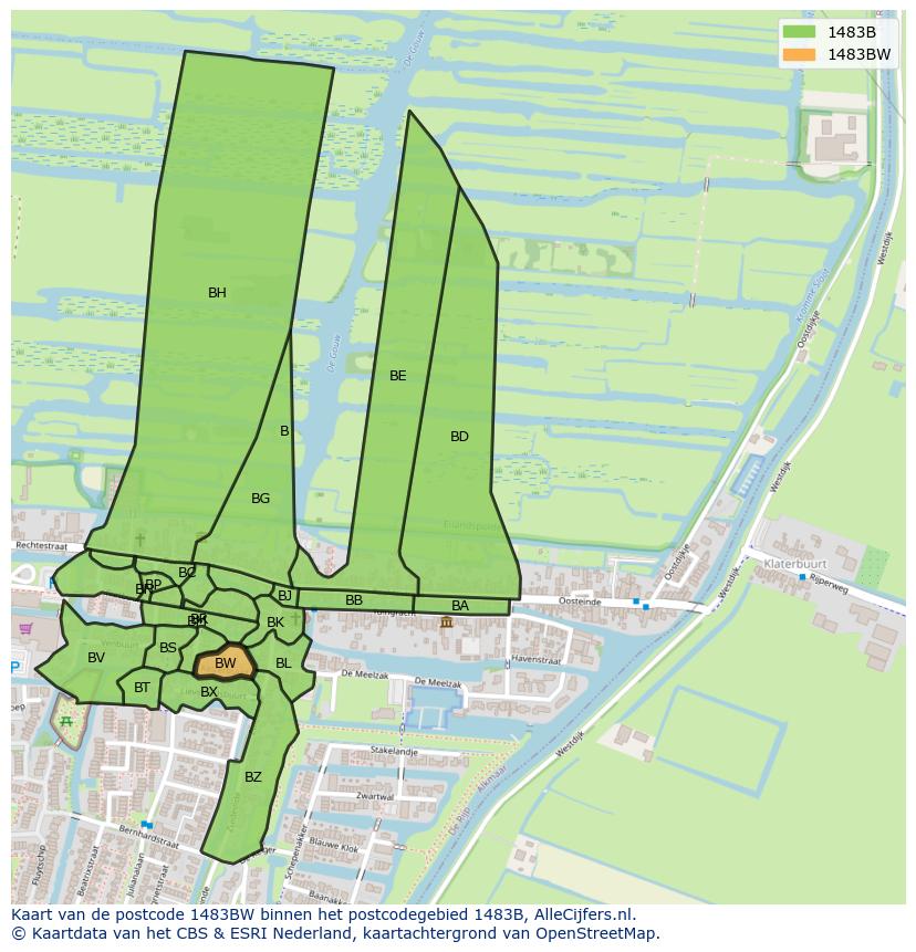 Afbeelding van het postcodegebied 1483 BW op de kaart.