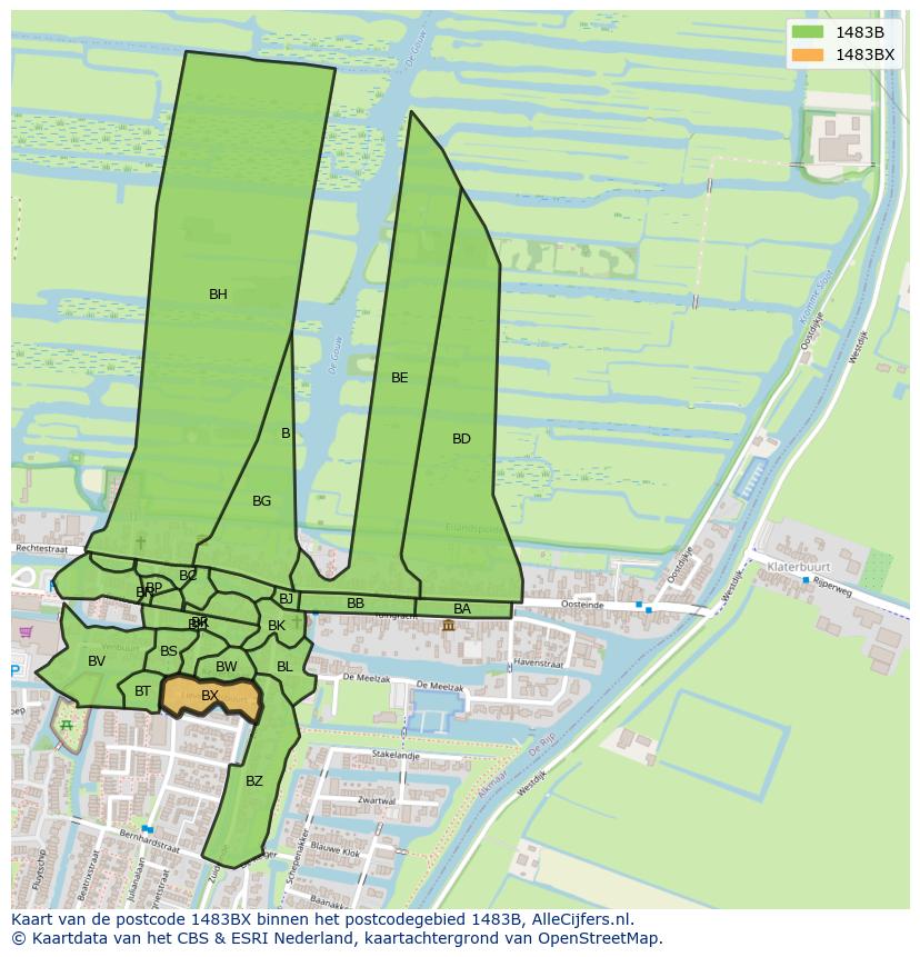 Afbeelding van het postcodegebied 1483 BX op de kaart.