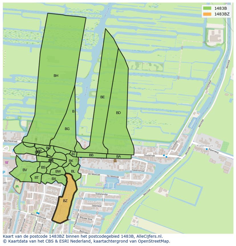 Afbeelding van het postcodegebied 1483 BZ op de kaart.