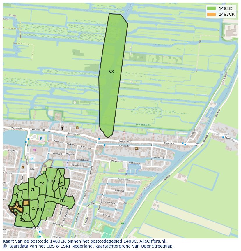 Afbeelding van het postcodegebied 1483 CR op de kaart.