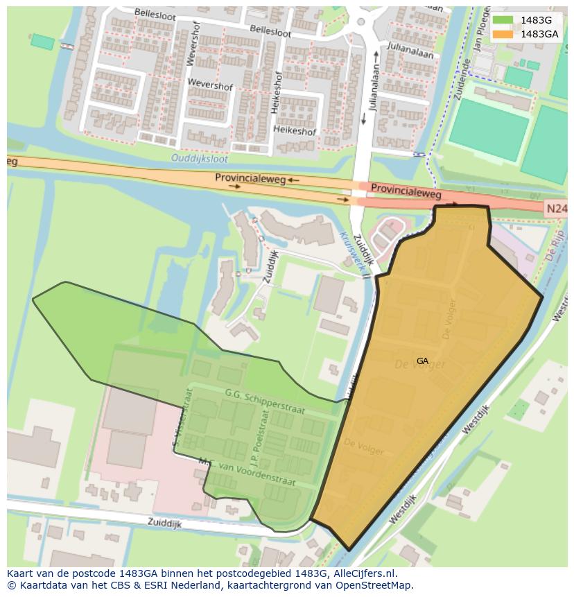 Afbeelding van het postcodegebied 1483 GA op de kaart.