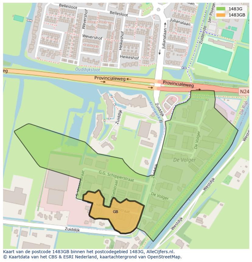 Afbeelding van het postcodegebied 1483 GB op de kaart.
