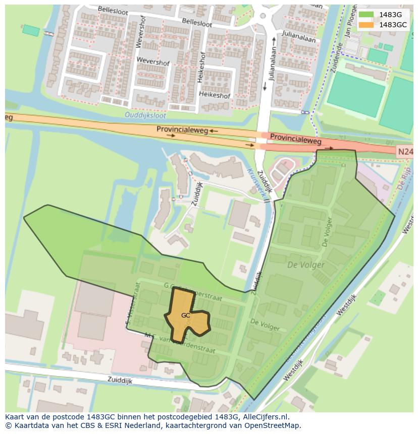 Afbeelding van het postcodegebied 1483 GC op de kaart.