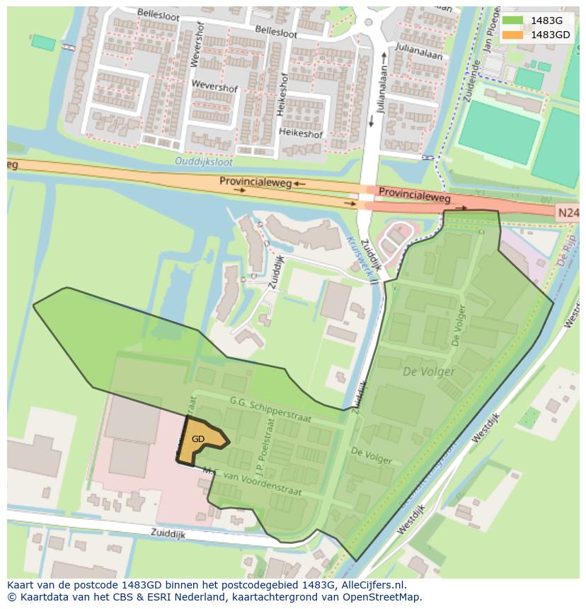 Afbeelding van het postcodegebied 1483 GD op de kaart.