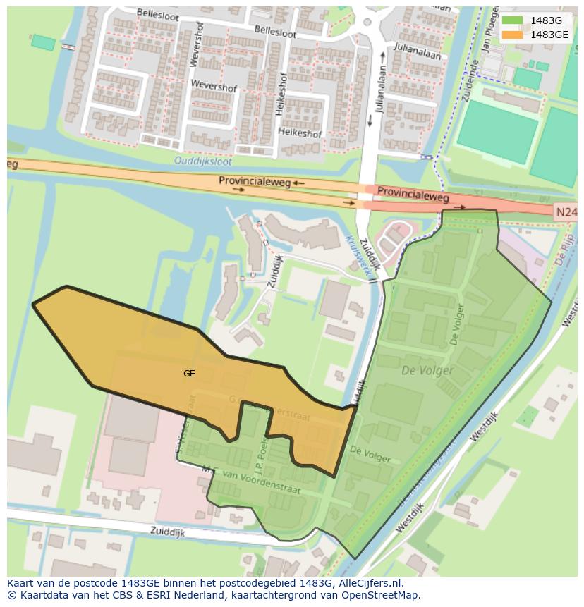 Afbeelding van het postcodegebied 1483 GE op de kaart.