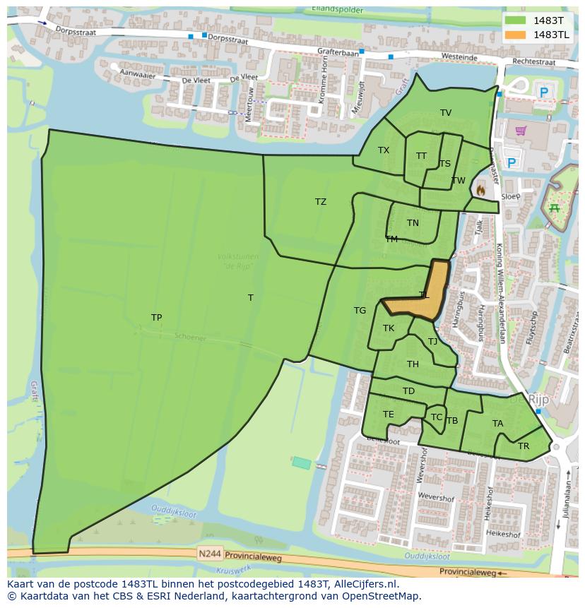 Afbeelding van het postcodegebied 1483 TL op de kaart.